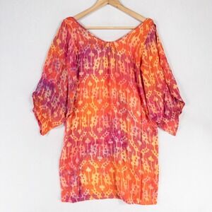 Blueginger Swim Cover Up Tunic Top Womens Sz XS Orange Pink Rayon Split Sleeve